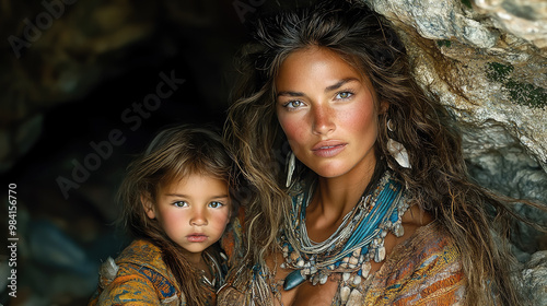 life of primitive people, ancient woman with child in cave, neanderthal, cro-magnon, homo sapiens, prehistoric times, stone age, parent, little boy, mother, cavewoman, girl photo