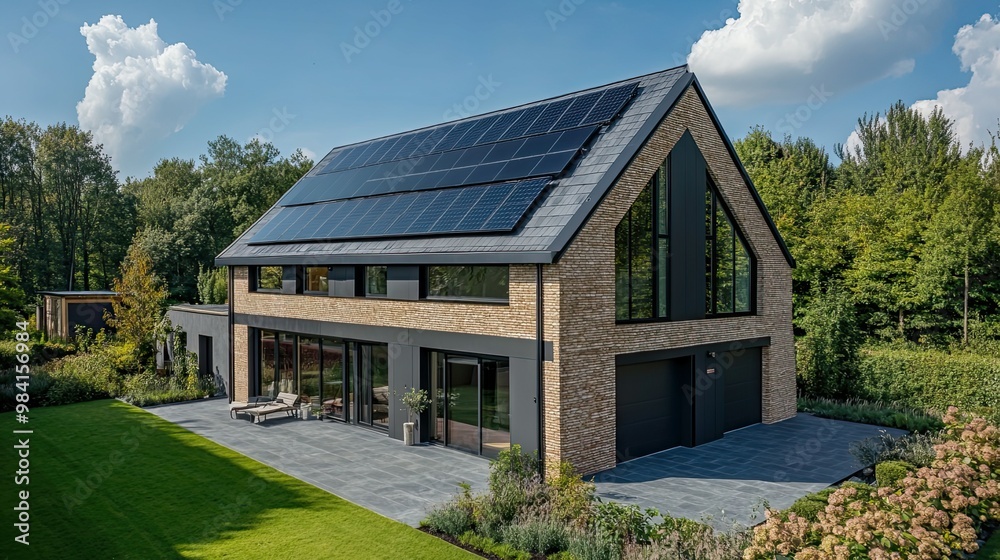 Modern brick house with solar panels and a patio overlooking a green lawn