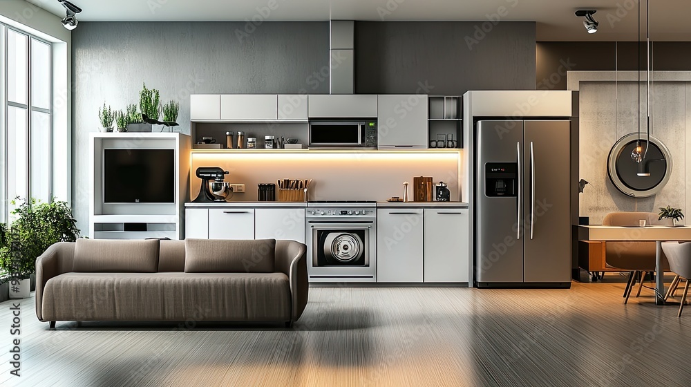 Fototapeta premium Modern Kitchen with White Cabinets, Stainless Steel Appliances, and a Brown Sofa