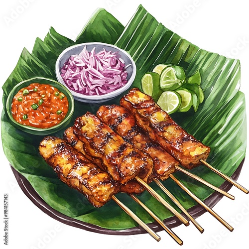 Watercolor illustration of satay skewers with dipping sauces, lime wedges, and red onion.