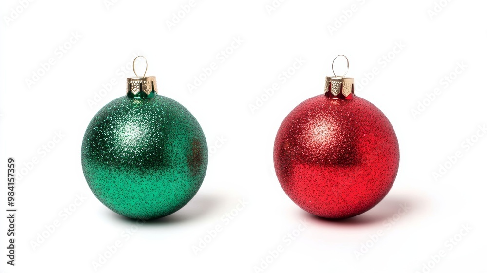 Shiny red and green Christmas tree baubles with glitter isolated on white background festive decoration with space for text Shiny red and green Christmas tree baubles with glitter isolated on white background festive decoration with space for text
