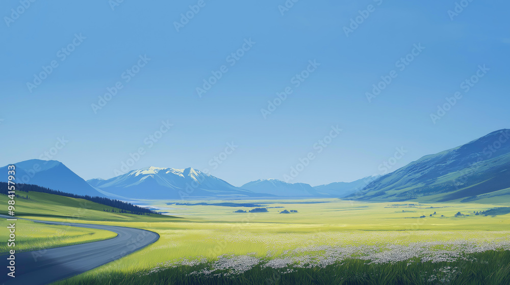 Long and winding road is leading through a valley towards mountains in the distance Long and winding road is leading through a valley towards mountains in the distance
