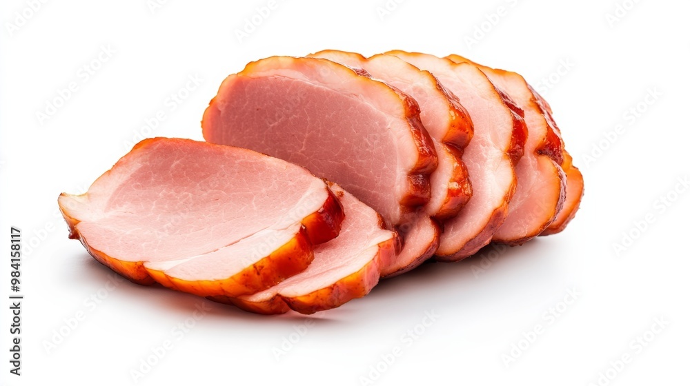 Slices of honey-baked ham with caramelized edges stacked neatly isolated on white background holiday main course alternative for Thanksgiving 