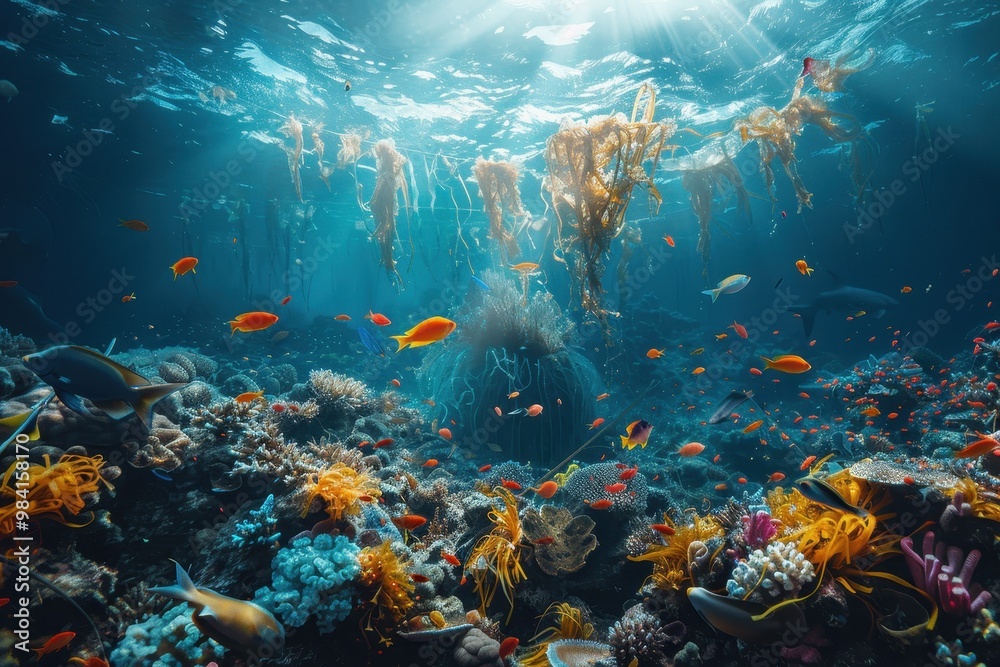 Fototapeta premium A beautiful and colorful coral reef with many fish swimming around