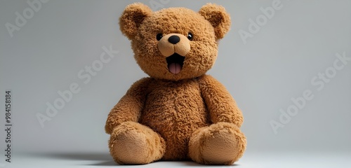a brown teddy bear with its tongue out

