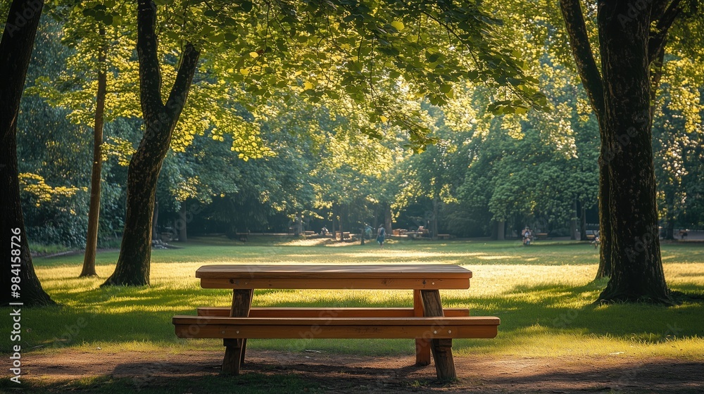 Wooden picnic table in a park surrounded by trees generated AI Wooden picnic table in a park surrounded by trees generated AI