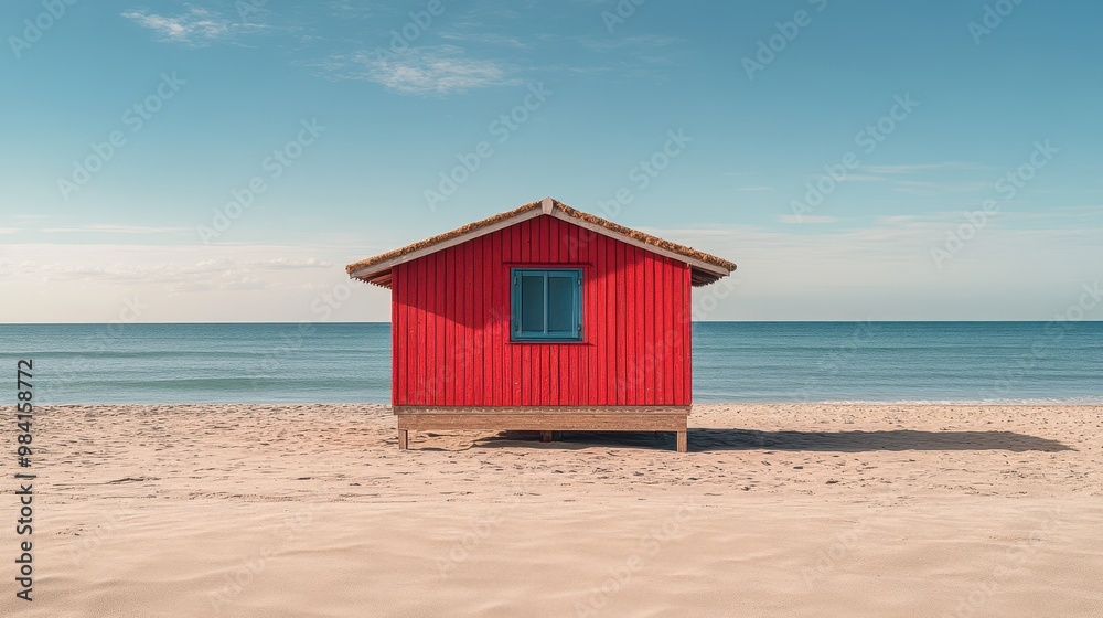 A red house with a blue window sits on a beach A red house with a blue window sits on a beach