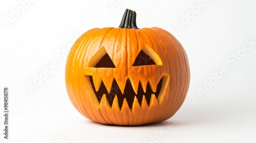 Spooky carved pumpkin with glowing eyes and jagged teeth isolated on white background with detailed shadows perfect for Halloween decor or advertisement 