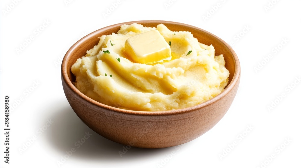 Steaming bowl of creamy mashed potatoes with a pat of melting butter and parsley isolated on white background comfort food Thanksgiving side dish Steaming bowl of creamy mashed potatoes with a pat of melting butter and parsley isolated on white background comfort food Thanksgiving side dish