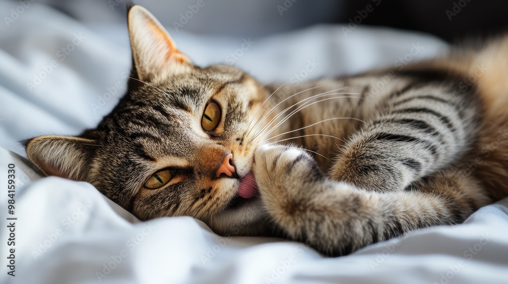 A cat is laying on a bed with its tongue out A cat is laying on a bed with its tongue out