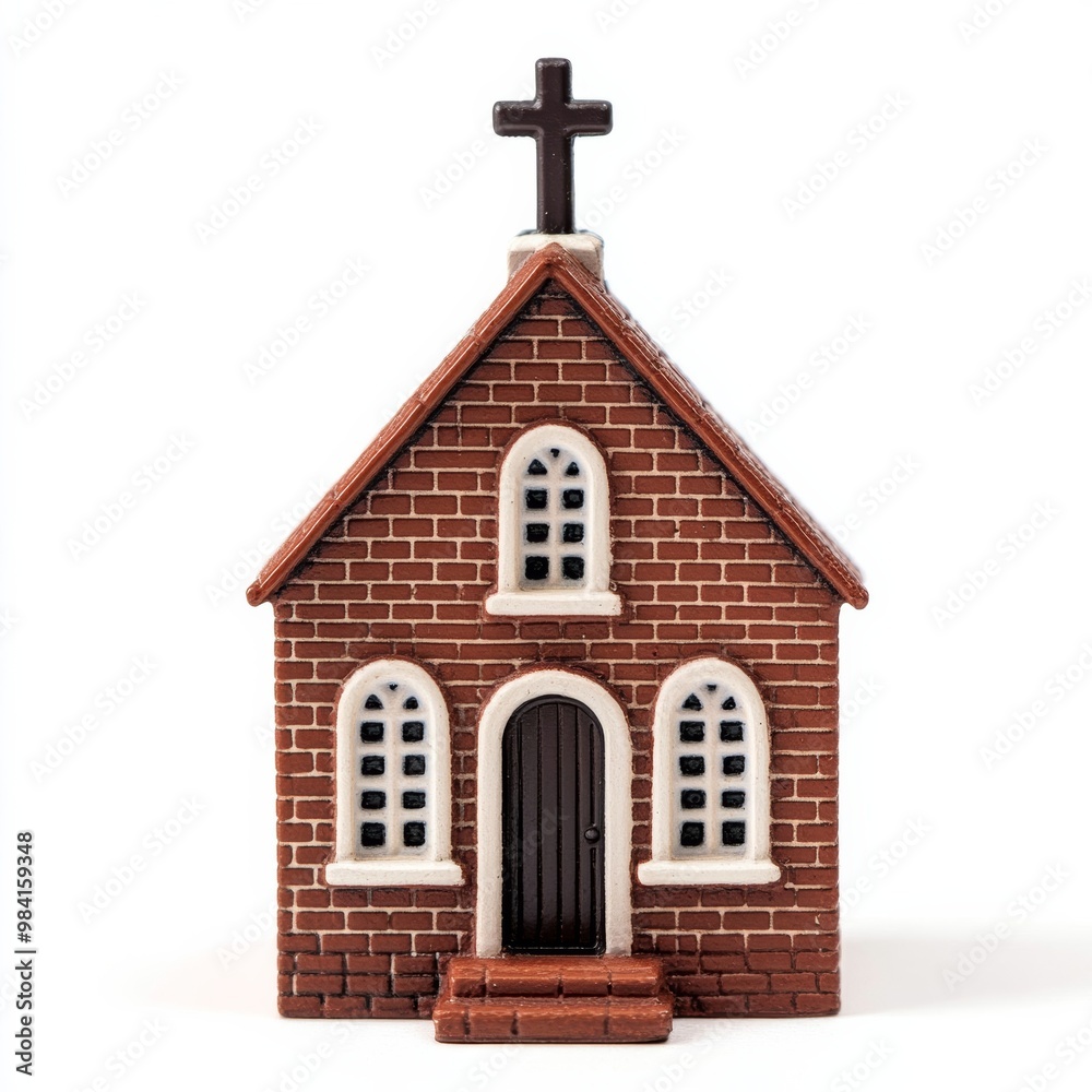 Tiny brick chapel with a simple cross above the entrance and small windows isolated on white background Tiny brick chapel with a simple cross above the entrance and small windows isolated on white background