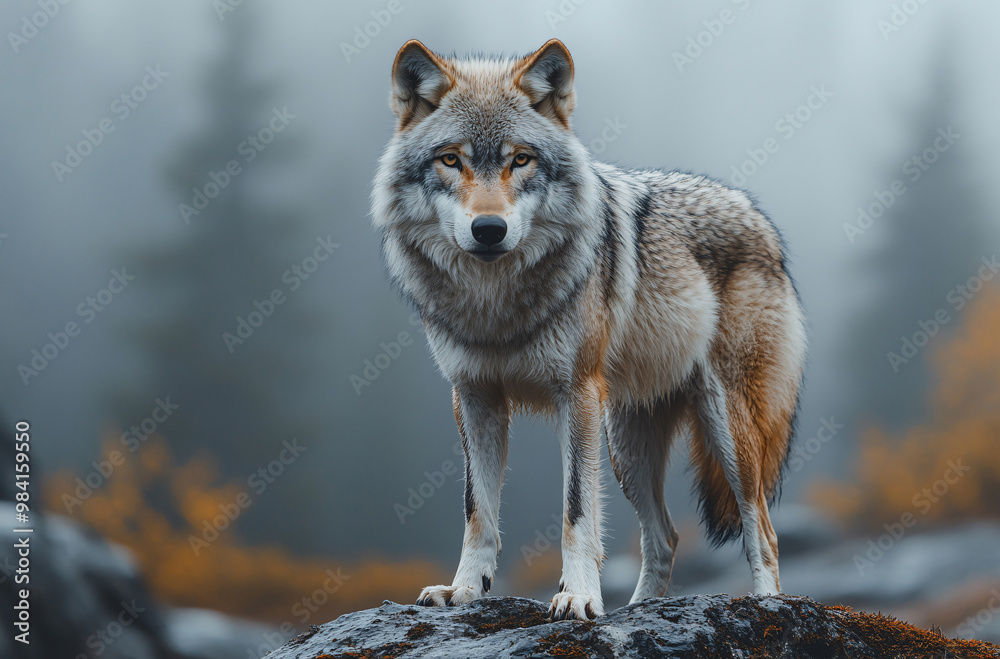 Naklejka premium A wolf stands and stares at the cold forest. 