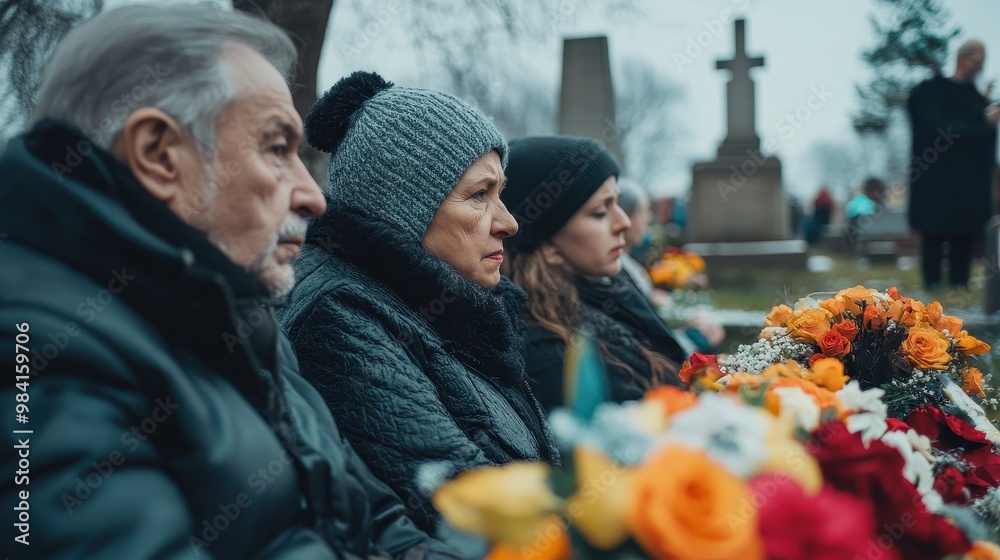 Three people are sitting at a table with flowers and a cross in the background Three people are sitting at a table with flowers and a cross in the background