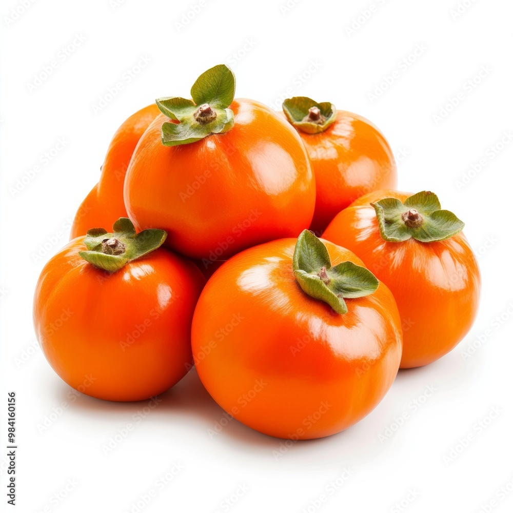 Vibrant persimmons with glossy orange skin and green tops symbolizing autumn fruits isolated on white background Vibrant persimmons with glossy orange skin and green tops symbolizing autumn fruits isolated on white background