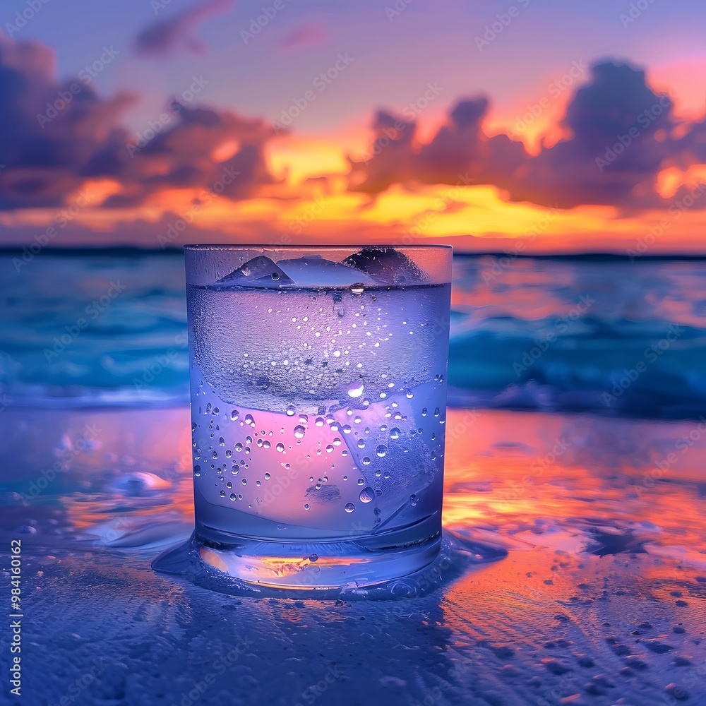 a glass of water with a blue and purple sunset in the background a glass of water with a blue and purple sunset in the background