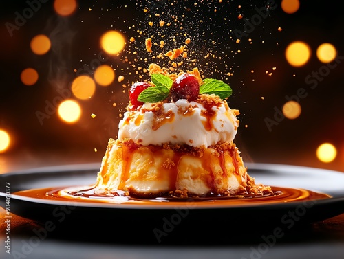 Creme caramel flan ice cream with caramel sauce from Spain photo