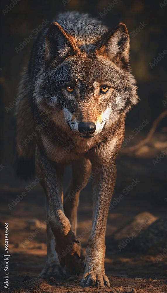 Fototapeta premium A wolf stands and stares at the cold forest.