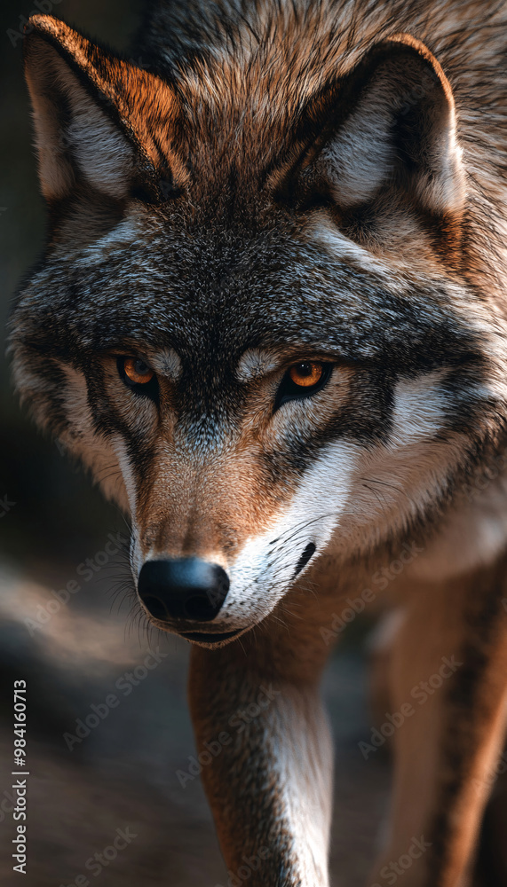 Fototapeta premium A wolf stands and stares at the cold forest. 