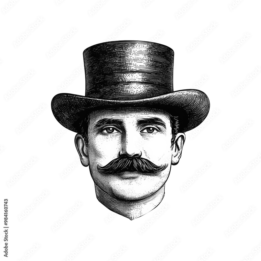 vintage engraving of man with mustache wearing classic top hat, victorian era style illustration with retro facial features, hand-drawn detailed art, isolated on transparent background