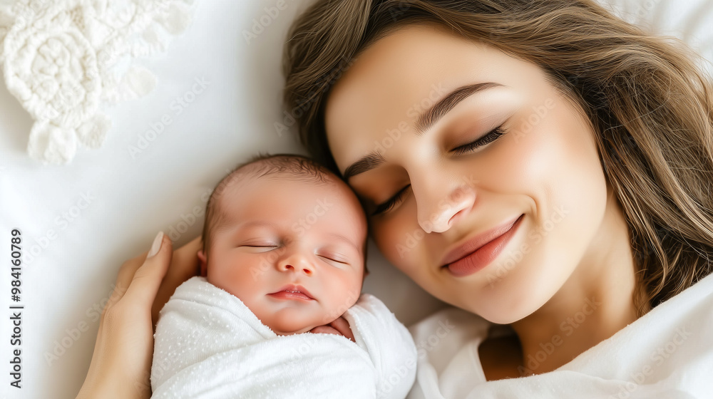 A mother tenderly cradles her sleeping newborn baby. A mother tenderly cradles her sleeping newborn baby.
