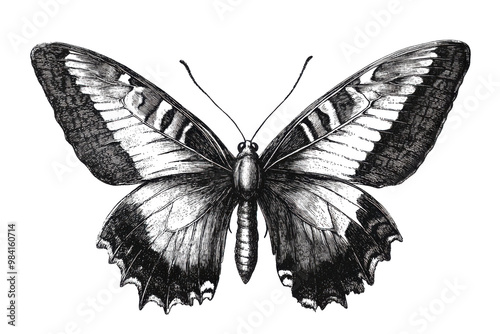 vintage engraving of a butterfly with detailed wings, hand-drawn entomological illustration, black and white retro artwork isolated on transparent background photo