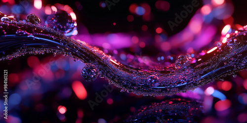 Water droplets on a dark surface with pink and blue lighting. photo