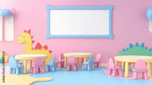 Colorful kids' table and chairs with a dinosaur cutout in a pink room.