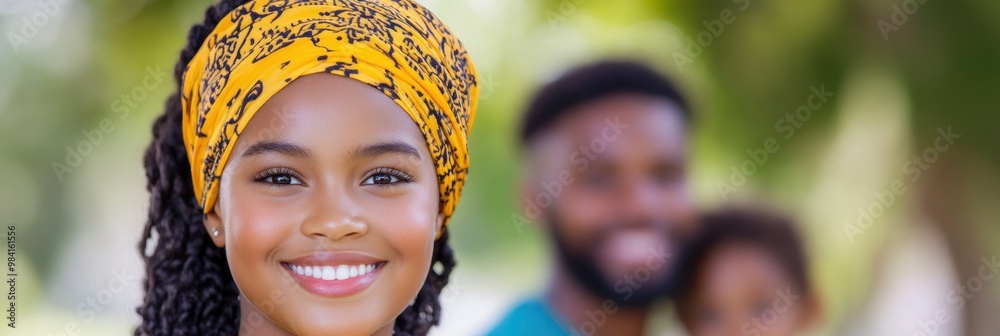 young girl wearing head scarf, smiling and looking at camera, her family on blur nature background young girl wearing head scarf, smiling and looking at camera, her family on blur nature background