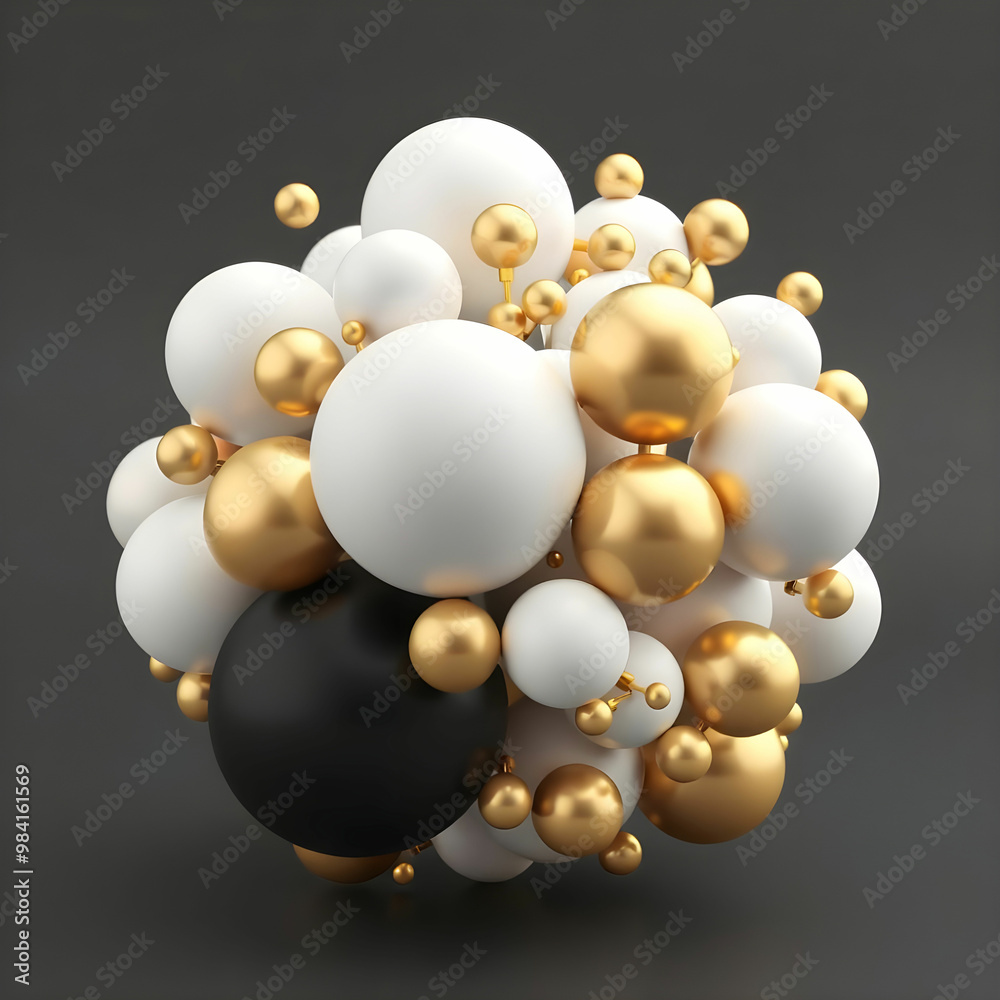 Cluster of abstract spheres and solids gold white and black 3d render Cluster of abstract spheres and solids gold white and black 3d render