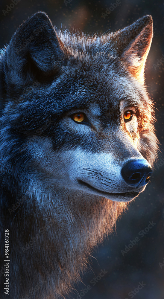 Obraz premium A wolf stands and stares at the cold forest. 