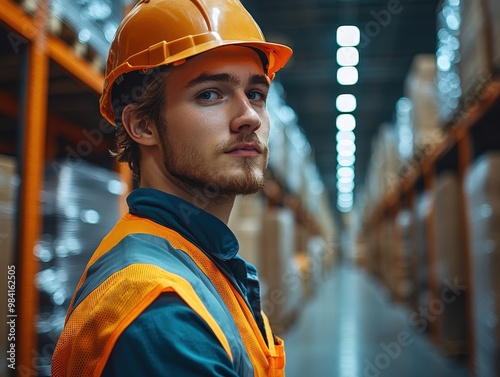 A young male worker wearing a safety helmet and vest, standing confidently in a warehouse filled with stacks of boxes. photo