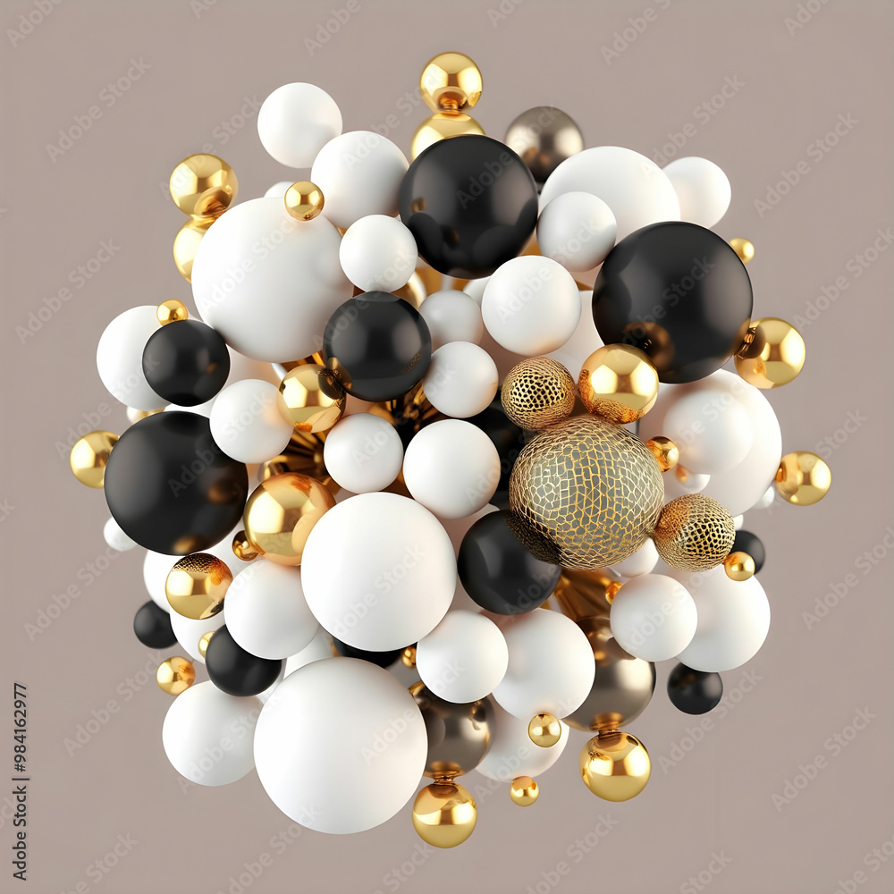 Cluster of abstract spheres and solids gold white and black 3d render Cluster of abstract spheres and solids gold white and black 3d render