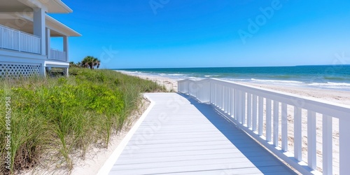 wooden walkway of a resort near sea beach with blue sky and sea on background