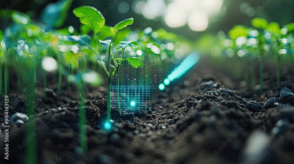 A close-up shot of an advanced crop sensor, with a holographic display ...