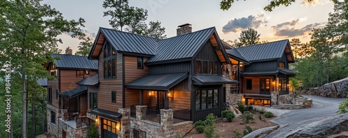 A series of luxury mountain cabins, each with a unique blend of rustic and modern fiber cement siding that provides excellent insulation and weather resistance photo