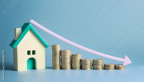 A model house with descending stacks of coins, symbolizing a decline in property value or economic trends in real estate.