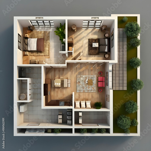 Floor plan of a house top view 3D illustration Open concept living apartment layout