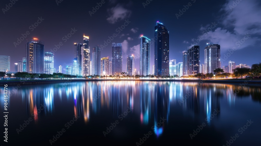 Fototapeta premium A stunning cityscape at night, featuring a glowing skyline beautifully reflected in a calm river