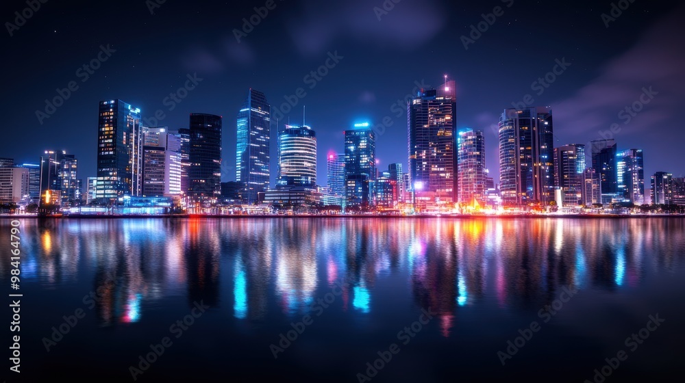 Fototapeta premium A stunning cityscape at night, featuring a glowing skyline beautifully reflected in a calm river