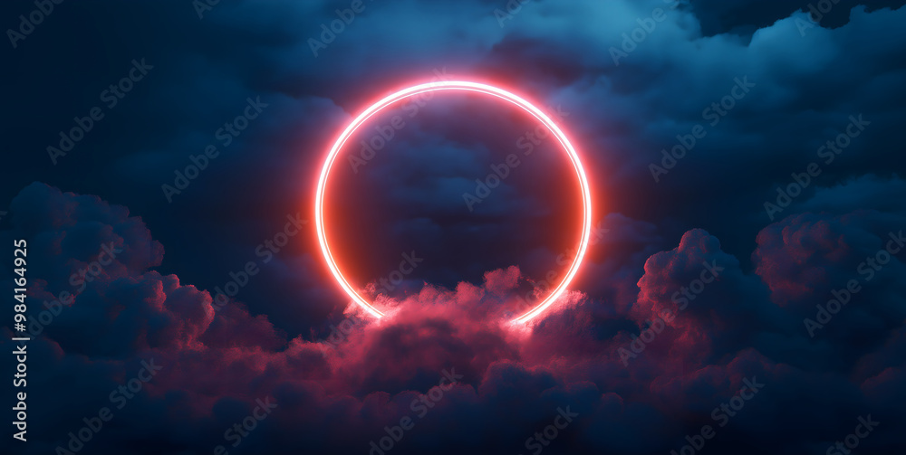 3d render, abstract cloud illuminated with neon light ring on dark night sky. Glowing geometric shape, round frame 3d render, abstract cloud illuminated with neon light ring on dark night sky. Glowing geometric shape, round frame