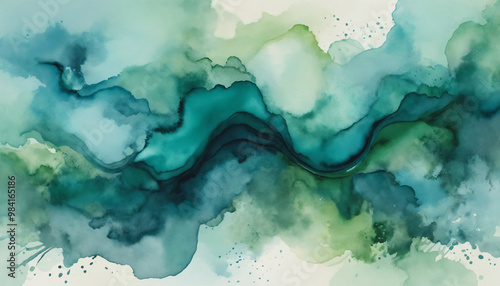Fond abstrait vert bleu turquoise texture éclaboussures coulures nuages peinture art aquarelle liquide fumée encre vaporeux dégradé.