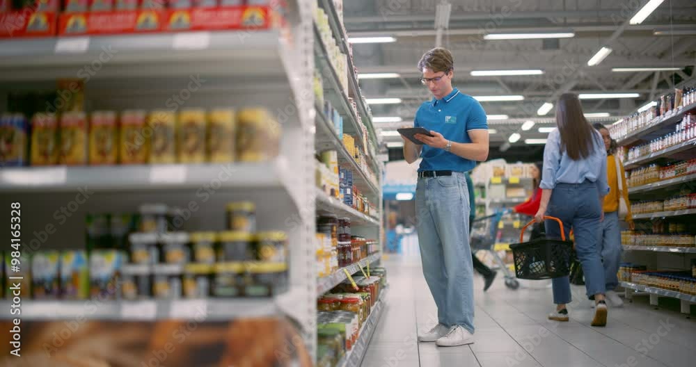 Caucasian Male Supermarket Manager Making an Inventory Review with the Help of a Tablet Computer. Young Worker Replenishing and Organizing Stock in an Aisle with Canned Food Caucasian Male Supermarket Manager Making an Inventory Review with the Help of a Tablet Computer. Young Worker Replenishing and Organizing Stock in an Aisle with Canned Food