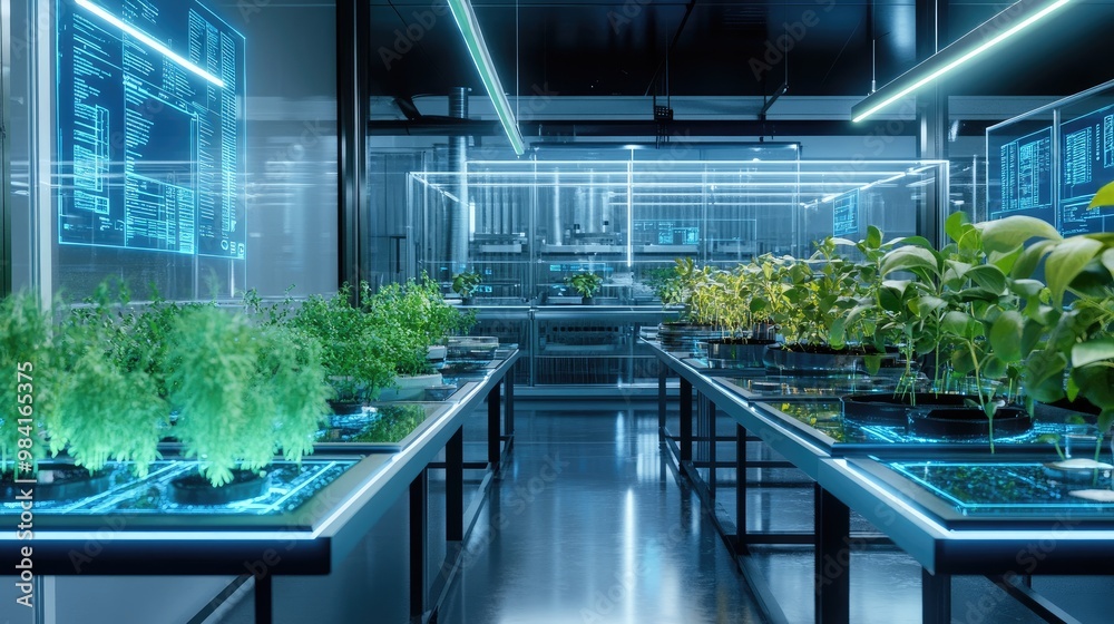 A high-tech plant lab with holographic interfaces displaying 3D growth models and environmental data, illustrating the use of advanced technology in plant cultivation. A high-tech plant lab with holographic interfaces displaying 3D growth models and environmental data, illustrating the use of advanced technology in plant cultivation.