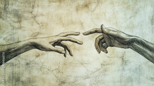 Two hands reaching toward each other, symbolizing connection and creation. photo