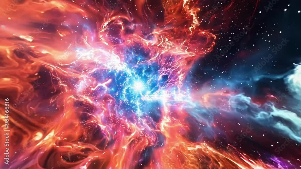 Swirling blue and orange clouds of interstellar gas and dust surround a bright wormhole opening in deep space, making it possible to travel through time