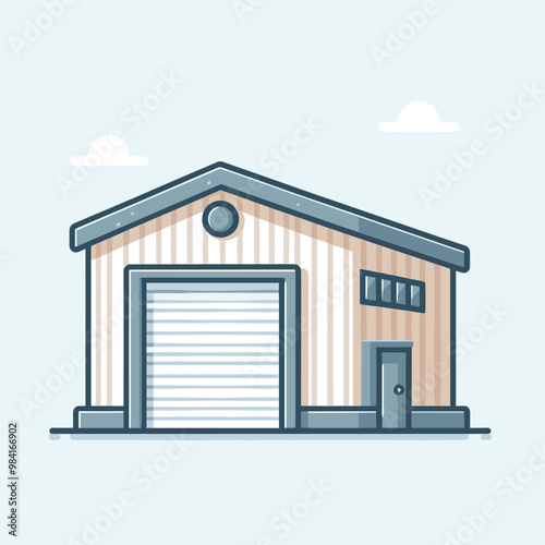 Vector illustration of modern industrial warehouse building with roller shutter door