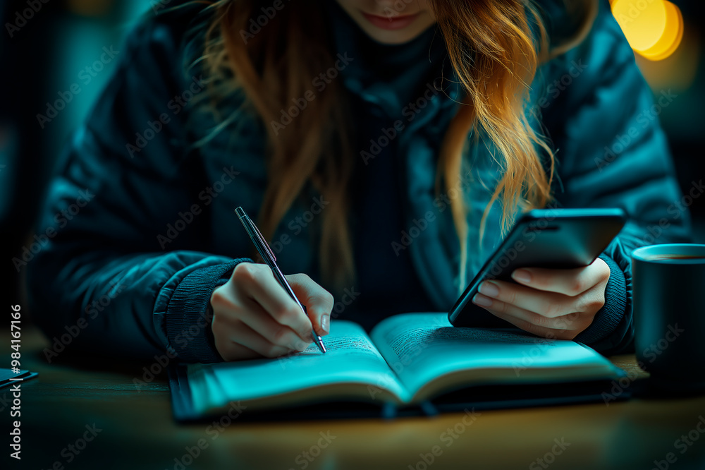 Obraz premium Person writing in notebook while holding smartphone at dimly lit table.