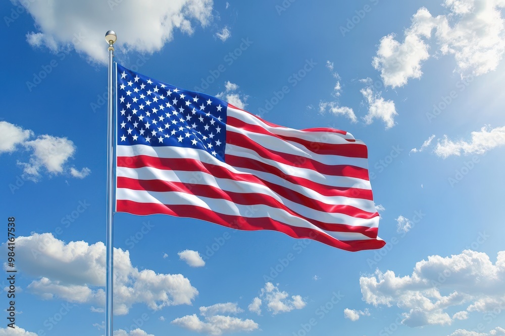An American flag waving proudly in the breeze against a bright blue sky with soft white clouds An American flag waving proudly in the breeze against a bright blue sky with soft white clouds