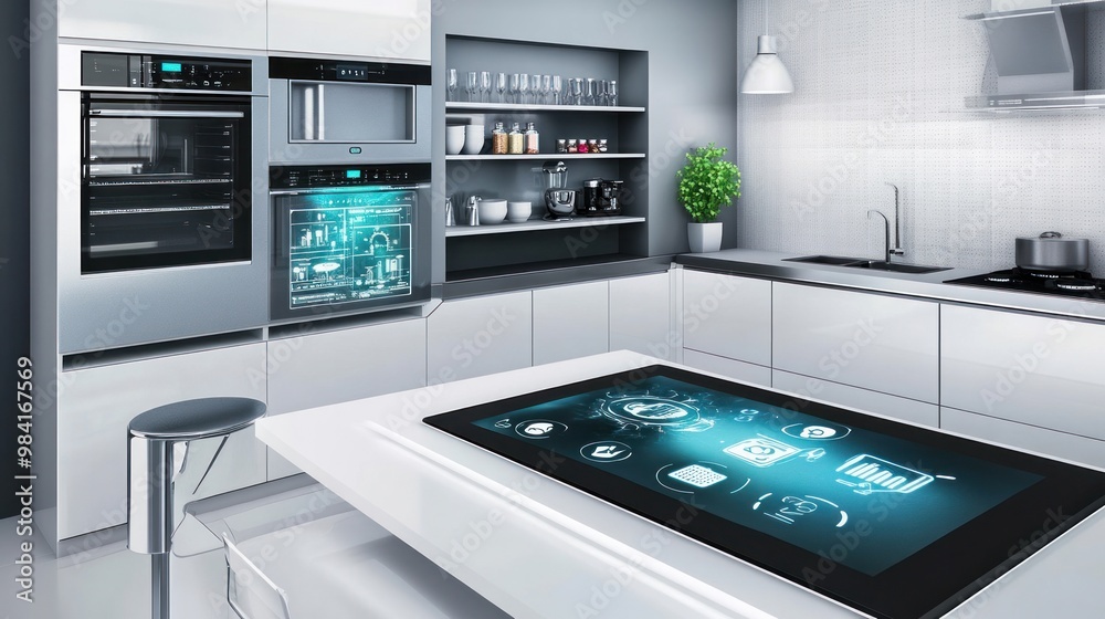 A smart home tablet is seen in the inside of a modern kitchen.
A smart home tablet is seen in the inside of a modern kitchen.