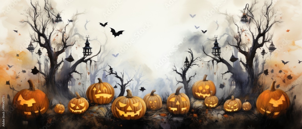 Spooky Halloween Scene with Carved Pumpkins and Bats Spooky Halloween Scene with Carved Pumpkins and Bats